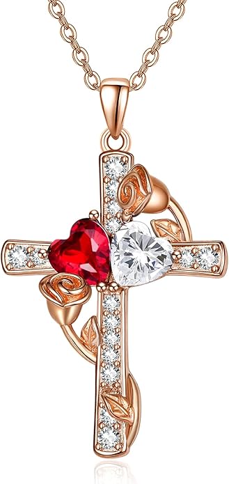 Rose Gold Dual Birthstones Cross Necklace for Women Rose Flower Jewelry Anniversary Christmas Mother's Valentine's Day Birthday Gift for Wife Girlfriend Mom - Bloomnest