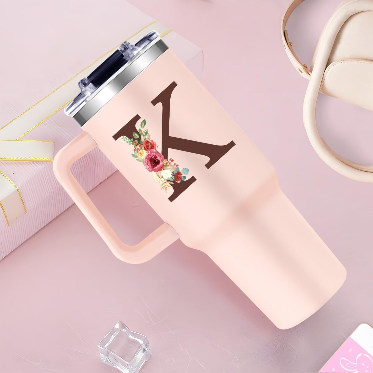 Monogrammed 40oz Tumbler with Handle for Women, Personalized Birthday Gifts for Women,Initial Cups for Woman Floral Letter K,Customized Gifts for Female Lady Gift for Mothers Day Christmas
