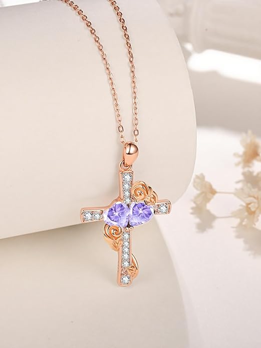 Rose Gold Dual Birthstones Cross Necklace for Women Rose Flower Jewelry Anniversary Christmas Mother's Valentine's Day Birthday Gift for Wife Girlfriend Mom - Bloomnest