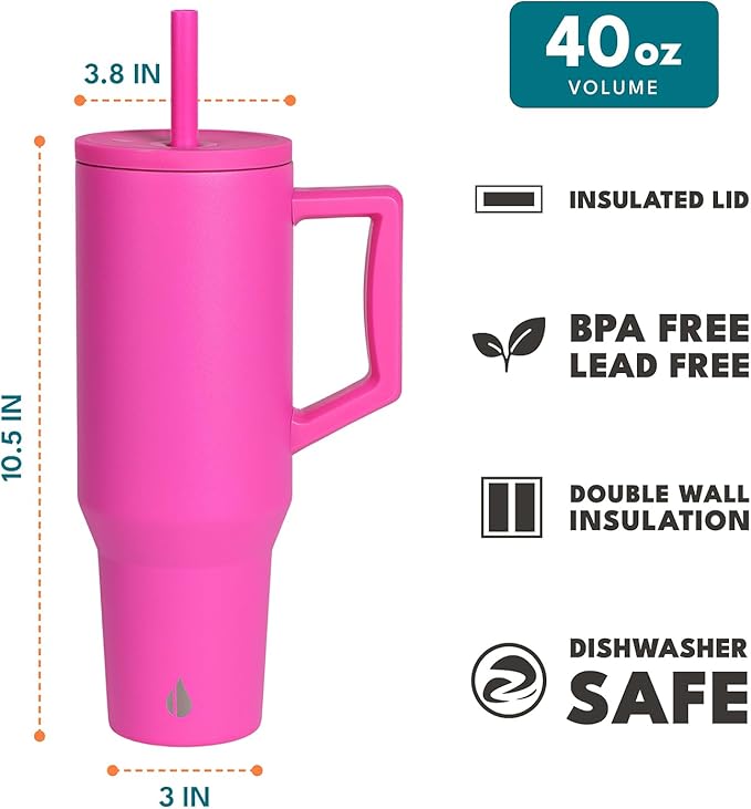 Elemental 40 oz Tumbler with Handle and Straw - Spill Proof Insulated Stainless Steel Commuter for Hot and Cold Beverages - Travel Coffee Mug with 2 Straws & Spill Proof Lid - 40oz - Hot Pink - Bloomnest