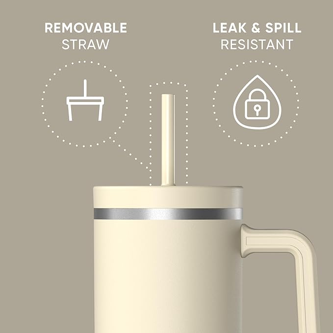 Hydrapeak Voyager 40 Oz Stainless Steel Tumbler with Handle, Insulated Water Bottle With Straw & Lid, Cupholder Friendly Reusable Travel Mug (Modern Cream) - Bloomnest