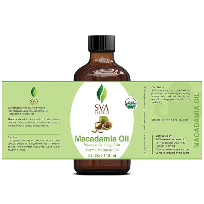 SVA Macadamia Seed Oil Organic - 4 Fl Oz – 100% Natural Cold Pressed Organic Macadamia Oil - for Face, Skin Care, Hair Care, Scalp Massage & Body Massage – Carrier Oil with Dropper - Bloomnest