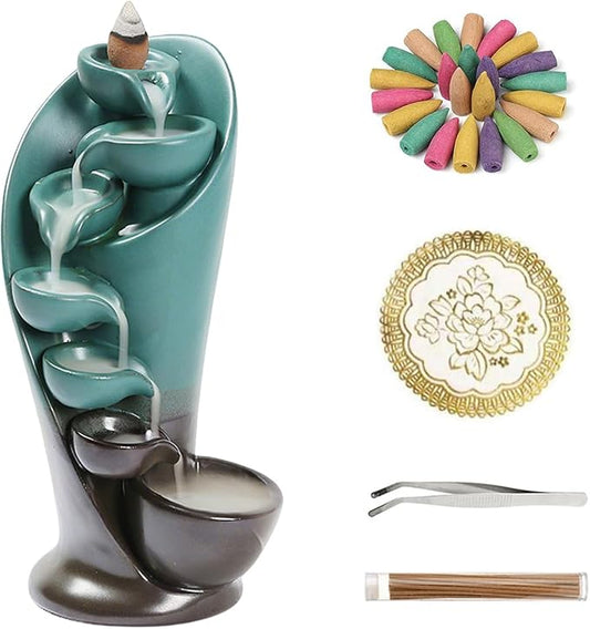 YYW Backflow Incense Burner Holder Handmade Statue Decor Fountain Waterfall Incense Holder with 20 Backflow Incense Cones 30 Incense Sticks 1 Tweezer 1 Mat for Indoor Meditation Yoga (Green) - Bloomnest