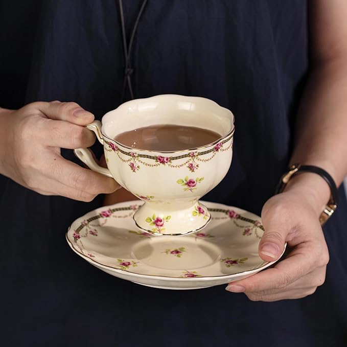 KAMMAK Tea Cups and Saucers Set of 2, Porcelain, 7.8-Ounce | Stackable Espresso Mugs | Imperial Court Collection | Ceramic Demitasse | For Coffee, Latte, Americano, Tea - Bloomnest