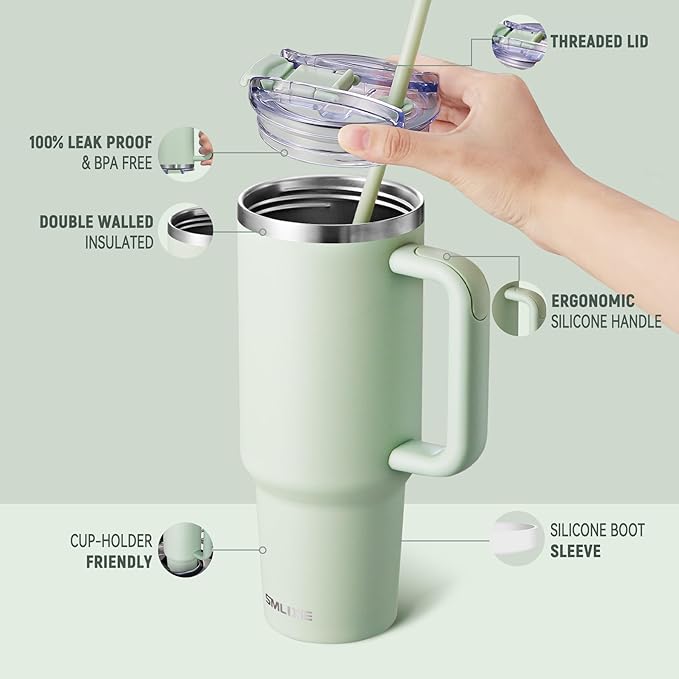 40 oz Tumbler with Handle and Straw Lid,Insulated Reusable Stainless Steel Water Bottle Travel Mug，Cupholder Friendly Double Wall Vacuum Sealed Cup (Light Green) - Bloomnest