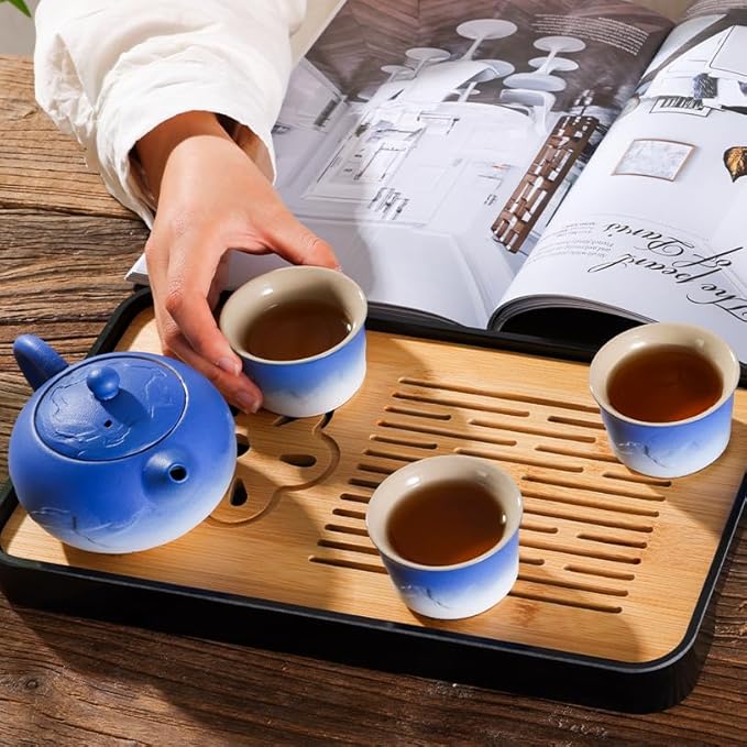 LURRIER Gongfu tea sets, Portable Ceramic TeaSet, Asian Tea sets for adult, Tea Gift sets, Grey leather case, Portable Travel Bag,Home,Gifting,Outdoor and Office(XBlue and White) - Bloomnest