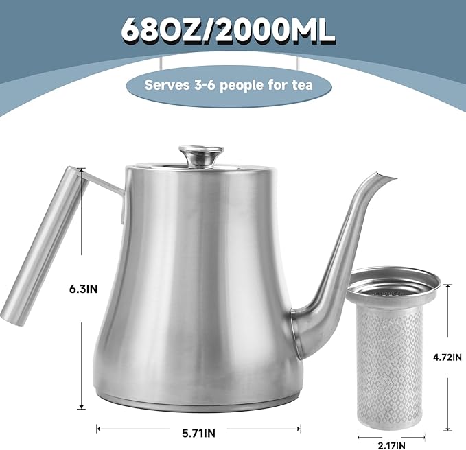 68OZ/2000ML Stainless Steel Teapot with Removable Infuser, Stovetop Safe Tea Maker Water Kettle for Loose Leaf & Tea Bags, Silver