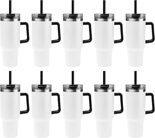 10 Ct of 40 Oz Intrepid Stainless Steel Tumbler with Lid, Straw & Handle – White – Customizable Insulated Cups for Water, Coffee, Hot & Iced Drinks – Great for DIY, Events, Work - Bloomnest