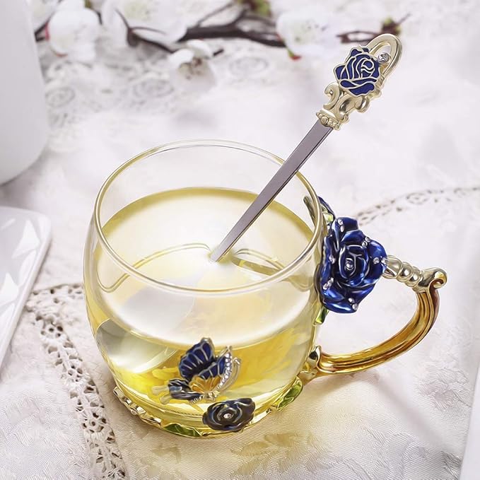 Luka Tech Enamels Butterfly flower Lead-free Glass Coffee Mugs Tea Cup with Steel Spoon, personalised Gifts For Women Wife Mom Friends Birthday Mothers Valentines Day Wedding (Blue) - Bloomnest