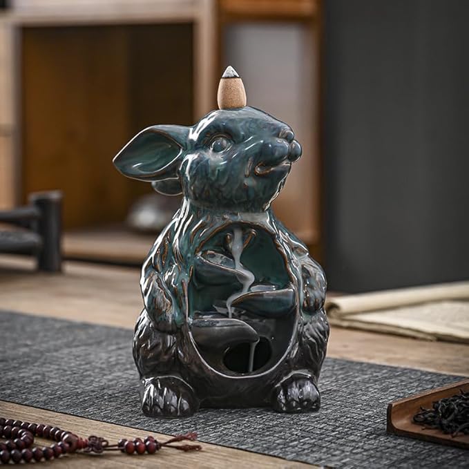Cute Rabbit Bunny Animal Waterfall Backflow Incense Holder for Sticks,Ceramic Incense Burner with Mat,Tweezers for Home Aromatherapy Ornament Decor AI019 - Bloomnest