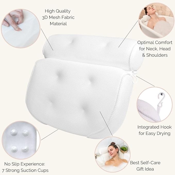 Bath Pillow and Bathtub Tray Set for Tub | Luxurious, Relaxing Home Spa Accessories with Bath Tub Pillows for Head and Neck, Foldable Bath Tray Caddy Organizer | Relaxation Gifts for Women Self Care