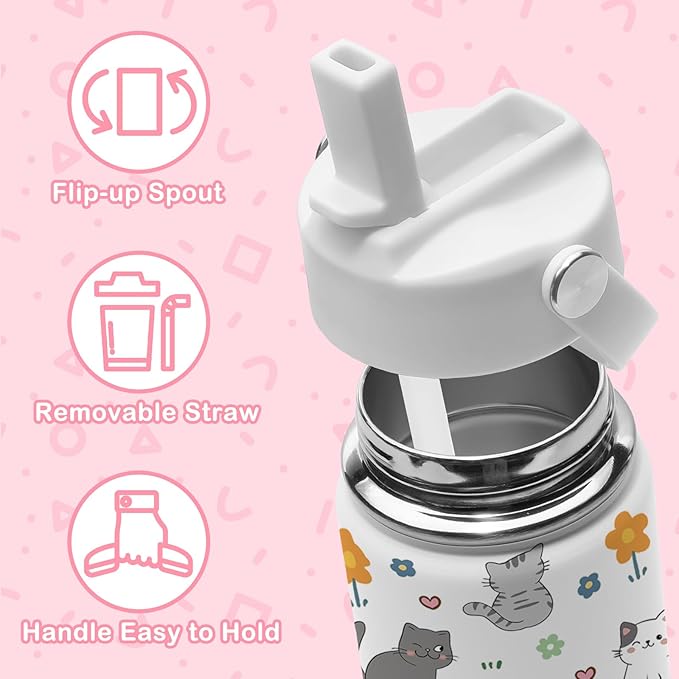 Cat Gifts for Kids, 16oz Cat Water Bottle with Straw Lid, Stainless Steel Insulated Tumbler for Girls, Cats Lovers Present for Kids Teen Girls Boys Women - Bloomnest