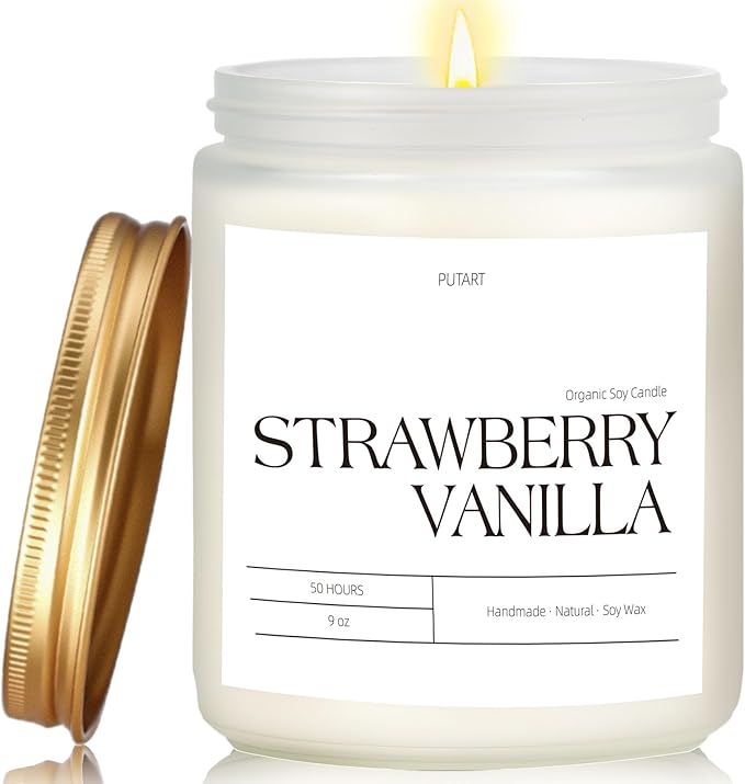 Strawberry Vanilla Highly Scented Candle for Home, 9oz Natural Soy Aromatherapy Non Toxic Candles with Essential Oil, Home Fragrance Stress Relief & Meditation Jar Candles Gifts for Women & Men - Bloomnest