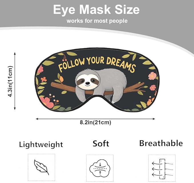 Sloth Sleep Eye Mask Follow Your Dreams Cute Animal Tree Branch Flower Silk Eye Mask Sleeping Soft Eye Shade Cover for Men Women Boy Girl Airplane Travel with Elastic Strap - Bloomnest