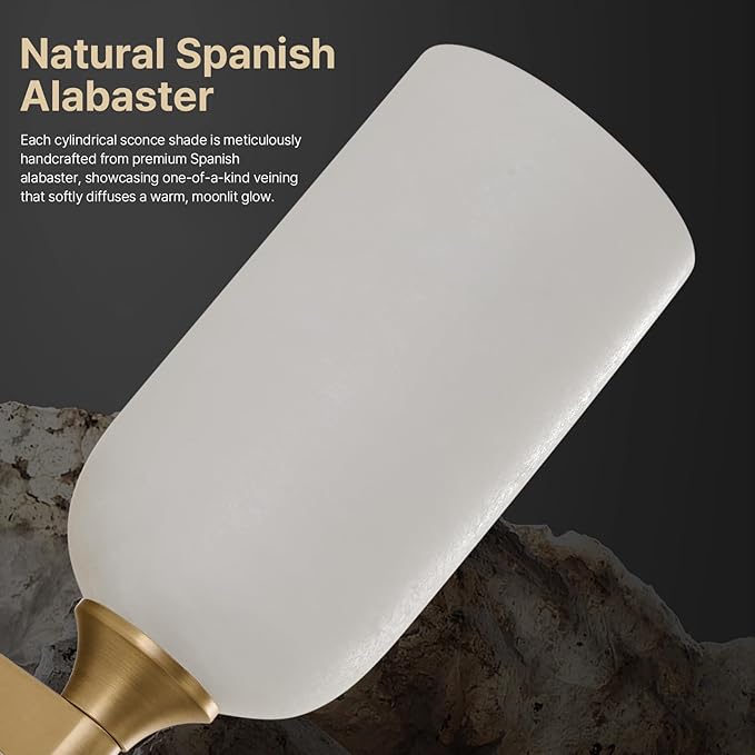 Vintage Alabaster Brass Wall Sconce: Set of 2 Antique Spanish Natural Marble Modern Vanity Wall Lights - 14" Brushed Gold Vanity Light - Indoor Sconces for Bathroom Stair Hallway Bedroom Living Room - Bloomnest