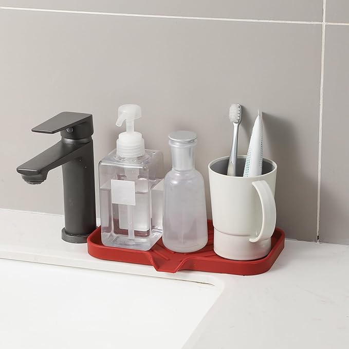 Silicone Bathroom Soap Dishes with Drain Spout-Bathroom and Kitchen Sink Organizer,Sponge Holder,Dish Soap Tray,Perfect for Dispenser,Scrubber,Bottle,Cup on Sink or Counter-Red 9.6"×5.3" - Bloomnest