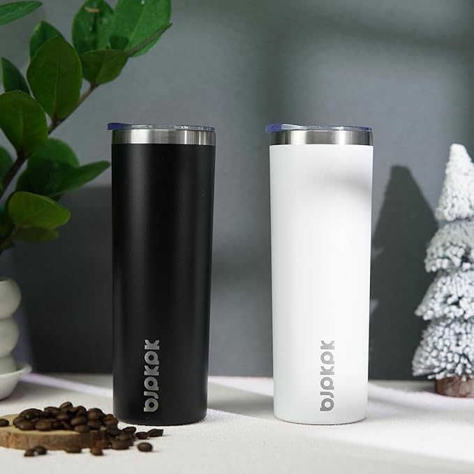 BJPKPK 20 oz Skinny Tumbler with Lid 2 Pack Slim Insulated Travel Coffee Cup Stainless Steel Thermal Mug,Black,White - Bloomnest