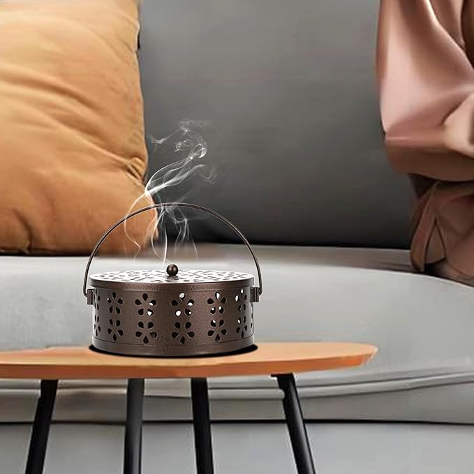 2-Pack Citronella Coil Holder Portable Iron Mosquito Coil Holder Incense Burner with Lid and Handle Round Coil Incense Holder (Bronze/Pink) - Bloomnest
