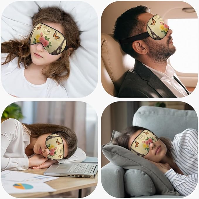 Eiffel Tower Eye Mask Sleeping Mask Vintage Paris Postcard Flower Butterfly Sleep Masks Silky Soft Eye Cover for Women Men Shading Blindfold for Air Travel Sleeping - Bloomnest