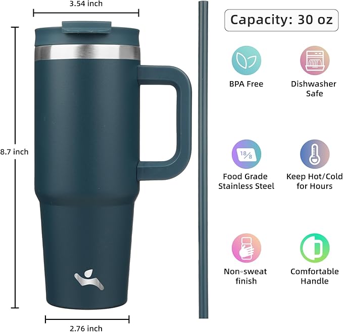 30 oz Tumbler with Handle and 2 Straws,2 in 1 Lid Insulated Water Bottle Stainless Steel Travel Coffee Mug,Navy blue - Bloomnest