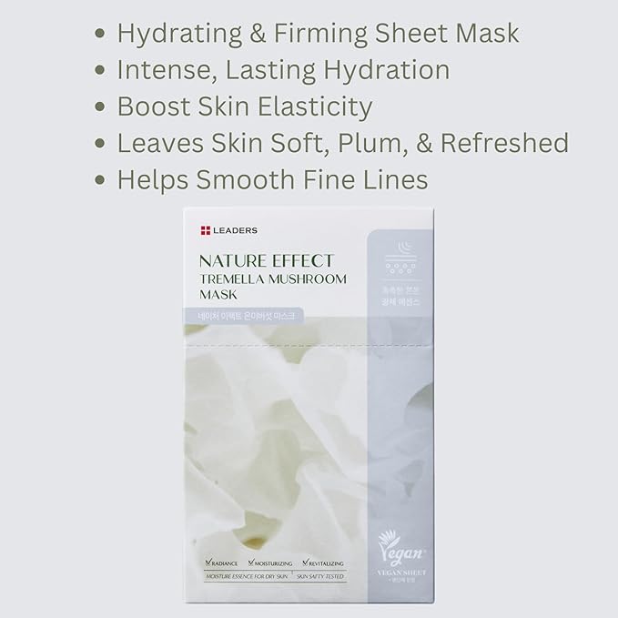 LEADERS Nature Effect Tremella Mushroom Mask - Hydrating & Elasticity Boosting Face Mask with Vegan Collagen, Moisturizing and Heals Dry Skin with Serum Content, Vegan Certified - 10 Sheets - Bloomnest