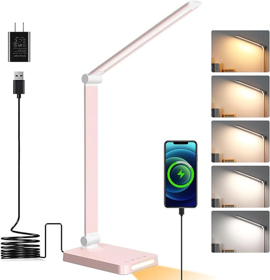 LED Desk Lamp with USB Ports,Touch Desk Lamps for Home Office with 5 Color Modes,3 Brightness Desk Light with Small Night Light,Reading Lamp Table Lamp for Bedroom Bedside Study Pink （with adapter） - Bloomnest