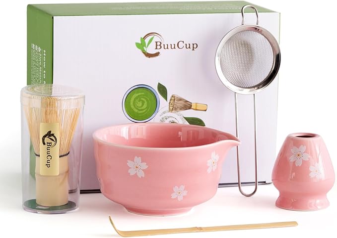 Matcha Whisk Set, Matcha Bowl with Spout, Matcha Whisk and Holder, Bamboo Matcha Scoop and Stainless Sifter，Ceramic Matcha Bowl Set (Pink) - Bloomnest