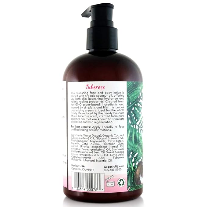 Coco Fiji Face & Body Lotion Infused With Coconut Oil | Lotion for Dry Skin | Moisturizer Face Cream & Massage Lotion for Women & Men |Tuberose 12 ozPack of 3 - Bloomnest