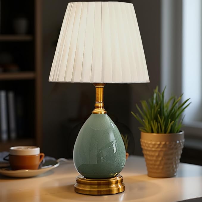 Large Table Light 3 Color Adjustable Ceramic Lamp Vintage Nightstand Lamps Dimmable Bedside Table Lamps for Living Room Bedroom Home Office (Green Fabric lampshade) - Bloomnest