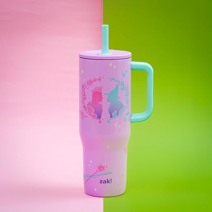 Zak Designs Wicked: For Good Sutton Travel Tumbler for On the Go, 30oz Stainless Steel with Vacuum Insulation, Silicone Straw, and Carry Handle for Cold Drinks (Glinda and Elphaba) - Bloomnest