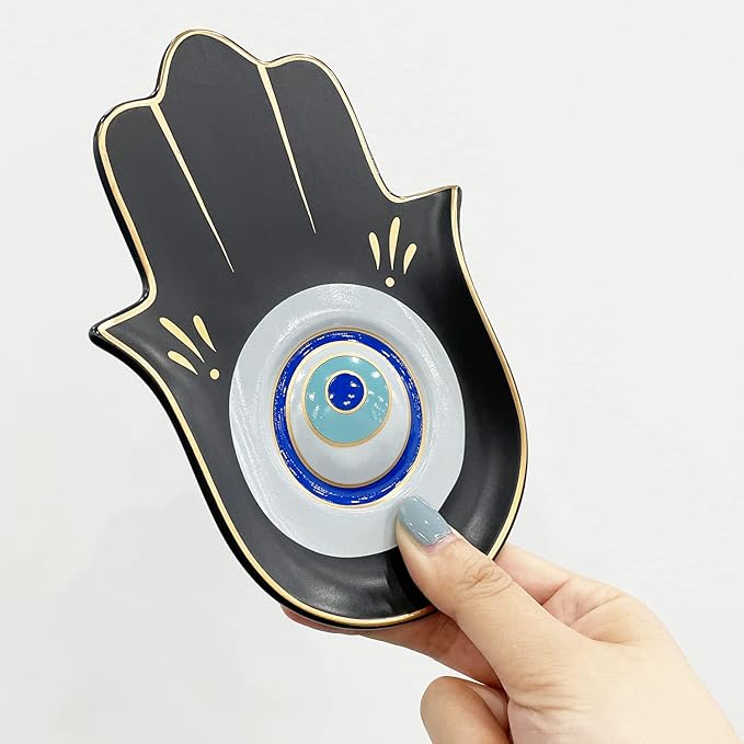 Ceramic Hamsa Hand Incense Holder - 2 in 1 Brass Incense Holder for Sticks and Coil Incense- Zen Decor with Hand of Fatima Design Protection from Evil - 6.2" L X 4.5" W (Blackeye) - Bloomnest