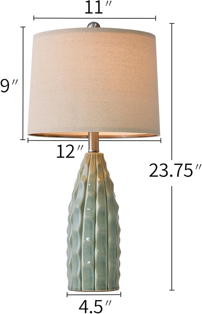 Ceramic Table Lamps Set of 2, 23.75" Modern Farmhouse Bedside Lamp - Green Nightstand Lamps for Bedroom, Boho Living Room End Tables, Small Office Desk Lamp Decor - Bloomnest