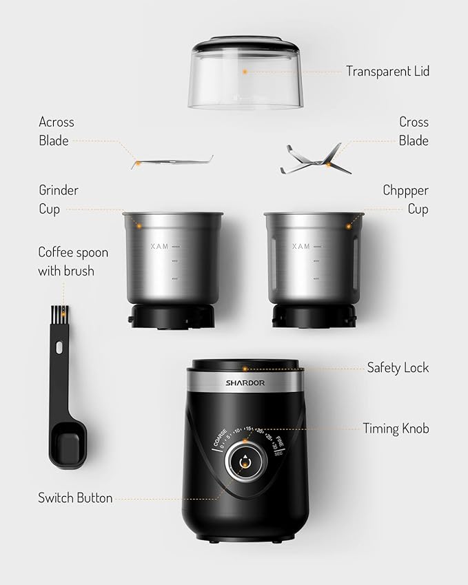 SHARDOR Electric Super Silent Blade Coffee Grinder, Timed Grind Control Rotary Knob, Adjustable Coarse to Fine for Coffee Beans, Spices & Herbs, with 2 Removable Stainless Steel Bowl, Black - Bloomnest