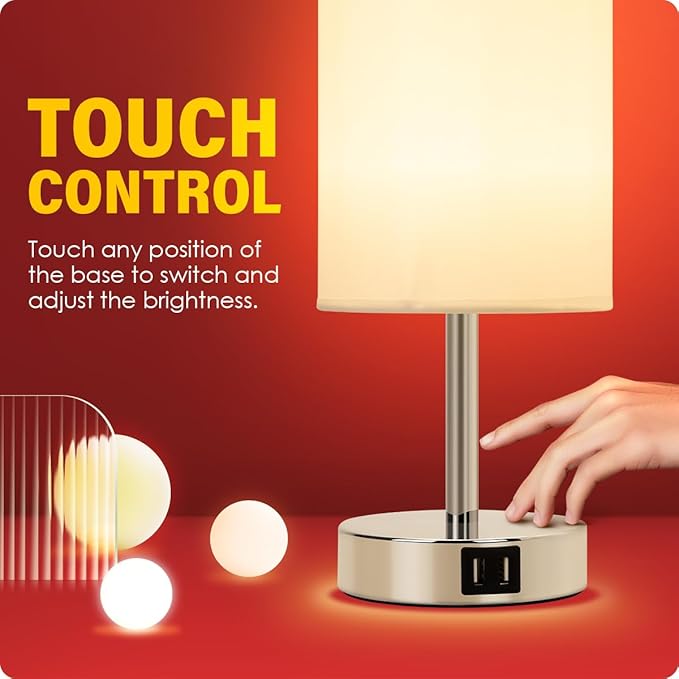Yarra-Decor Bedside Lamps with USB Port - Touch Control Table Lamp for Bedroom 3 Way Dimmable Nightstand Lamp Set of 2 with Round White Fabric Shade for Living Room, Dorm, Home Office (White, 2 Pack) - Bloomnest