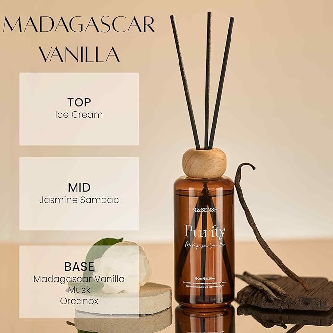 M&SENSE Reed Diffuser Set, Madagascar Vanilla Scented 6.3 fl oz Natural Essential Oil Diffusers with Sticks, Non-Toxic Organic Air Freshener, Long-Lasting Fragrance Oils for Living Room Bedroom MSENSE