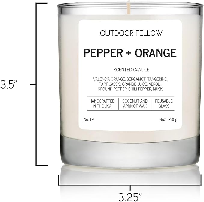 Outdoor Fellow Pepper + Orange Candle, 8oz, Coconut & Apricot Wax Blend, Bergamot, Neroli, Chili Pepper, 40+ Hour Burn Time, Citrus Scented Candle, Vibrant Home Fragrance - Bloomnest