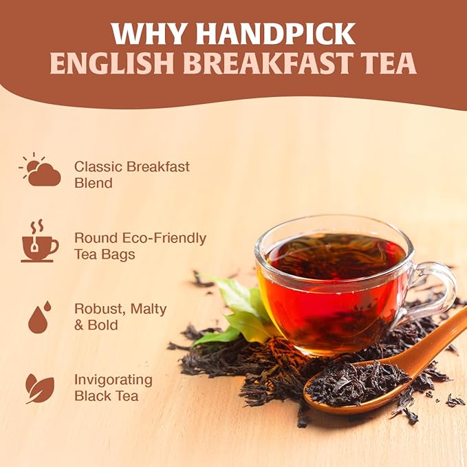 HANDPICK, Organic English Breakfast Black Tea Bags (100 Count) USDA Organic, Non-GMO | Strong, Robust, High-Caffeine Black Tea | Eco-conscious Tea Bags, Brew English Breakfast Tea & Kombucha Tea - Bloomnest