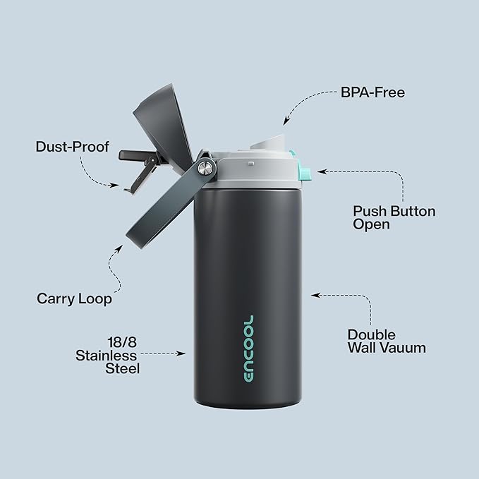 Insulated Water Bottle with Straw - Encool Stainless Steel Water Bottle with Push Button Lid, Leak-Proof & BPA-Free, Keeps Cold for 24 Hours for Sports, Travel, Gym (18 oz, Tuna Grey-Green) ENCOOL