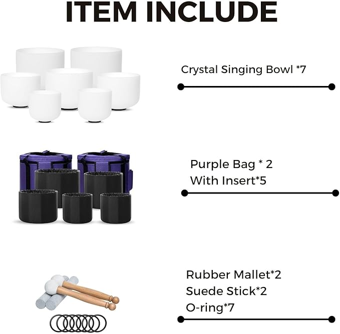 432hz Crystal Singing Bowl 6-12inch Set of 7 Pure White for Meditation Yoga Heart Chakra Meditation Heavy Duty Carrying Case with Sponge Padded Bundle Rubber Mallet Suede Striker O ring - Bloomnest