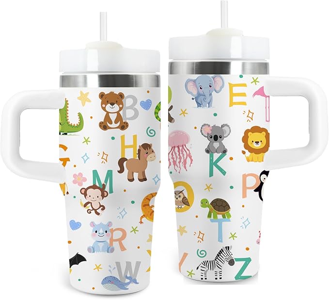 14 oz Kids Animal Alphabet Tumbler with with Handle Straw Lid, Stainless Steel Insulated Water Tumbler, Abc Letters Stuff, for Sports, School, Travel - Back to School Children Birthday Gifts Cups(1pc) - Bloomnest