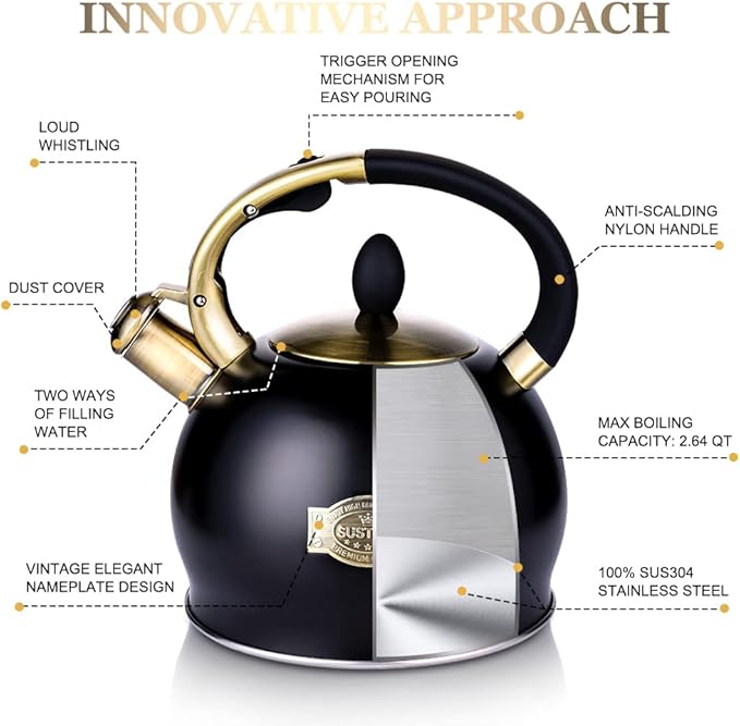 SUSTEAS Stove Top Whistling Tea Kettle - Food Grade Stainless Steel Teakettle Teapot with Cool Touch Ergonomic Handle, With 1 Silicone Pinch Mitt Included, 2.64 Quart(BLACK) - Bloomnest