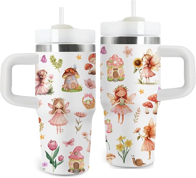 Fairy Gifts for Girls - 14 Oz Kids Tumbler with Handle and Straw, Stainless Steel Vacuum Insulated Tumbler, Sweatproof, for Sports, School, Travel - Birthday Gifts for Children Girls Cups(1pc) - Bloomnest
