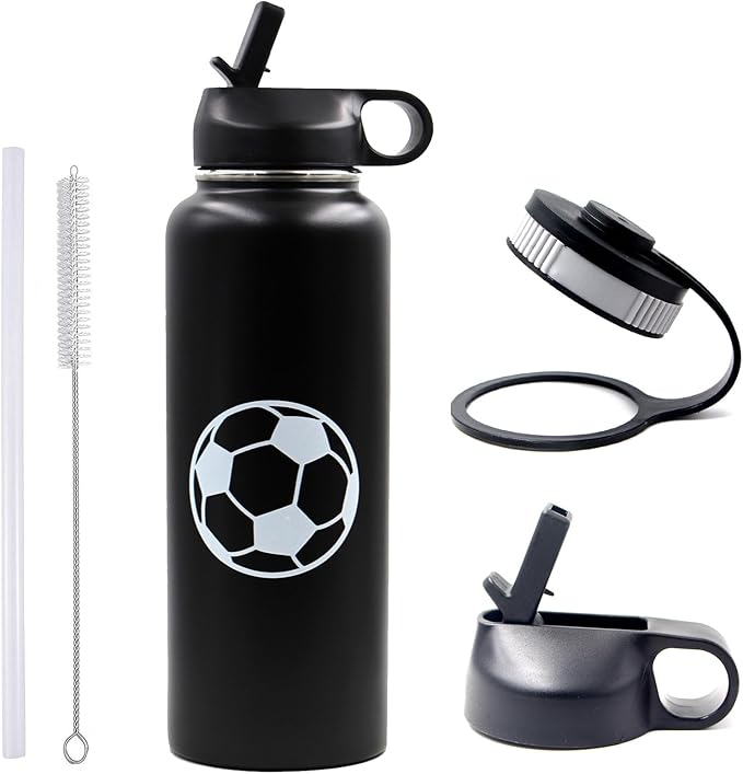 40 oz Soccer Water Bottle with Straw, Wide Mouth Sports Flask Metal Travel Tumbler with 2 Lids, Stainless Steel Double Wall Vacuum Insulated Leak Proof Thermo Water Jug, Soccer Gifts for Boys Girls - Bloomnest