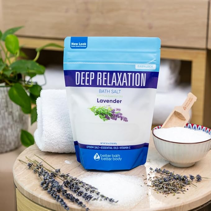 Deep Relaxation Bath Salt 32 Ounces Epsom Salt with Natural Lavender Essential Oil Plus Vitamin C in BPA Free Pouch with Easy Press-Lock Seal - Bloomnest