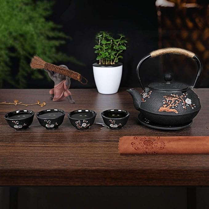 Cast Iron Teapot with Tea Cups Trivet Japanese Style Tetsubin Tea Kettle with Infuser Iron Tea Set Gift for Adult Father Mother Family (Black,Magpie on the Plum Design) - Bloomnest