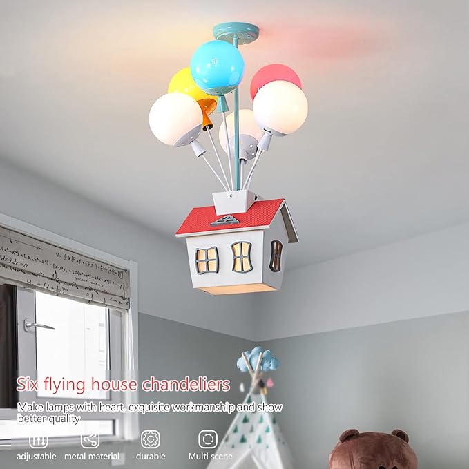 Kids House Shape Ceiling Light Colorful Balloon Wood Chandelier Cartoon House Shape with Acrylic lampshade Sputnik Ceiling Light for Girls Boys Kid's Bedroom (D16.5*H22.8IN (6 Light)) - Bloomnest