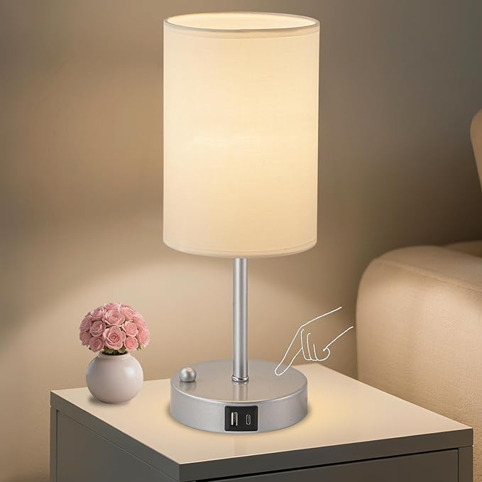 Briever Touch Control Table Lamp for Bedroom, 3-Way Dimmable Nightstand Lamp with USB Charging Ports, Bedside Desk Lamp with Silver Base Phone Stand & Linen Fabric Shade, Bulb Included - Bloomnest