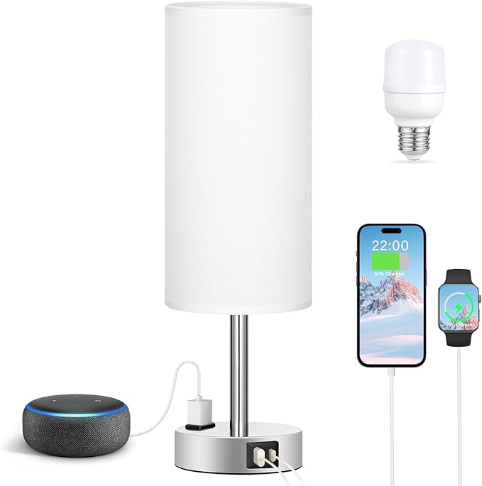 Fenmzee White Touch Bedroom Table Lamp - 3 Way Dimmable Bedside Lamp USB C A Charging Ports and AC Outlet, Small Lamp Nightstand with Silver Base for Living Room, Office Desk, LED Bulb Included - Bloomnest
