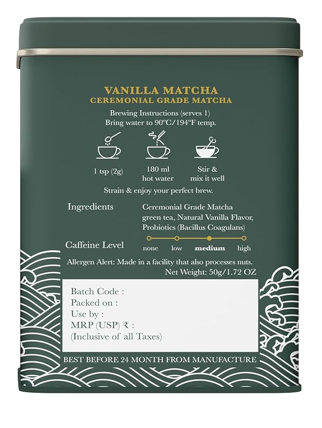 Luxmi Estates Vanilla Matcha with Priobiotics (50 g) Organic Matcha Tea, Rich in Antioxidants, Tea for Relaxing - Bloomnest