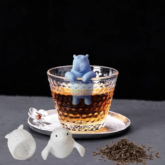 2 pcs silicone Tea Infuser,loose tea strainer,Cute tea infuser gift set for loose leaf tea, reusable tea infuser,is ideal gift for tea lovers (Seals + Hippos)